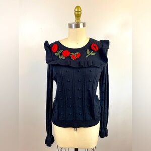 Kate Spade poppy Rose Embroidered Bell Cuff Polka Dot Black pullover sweater